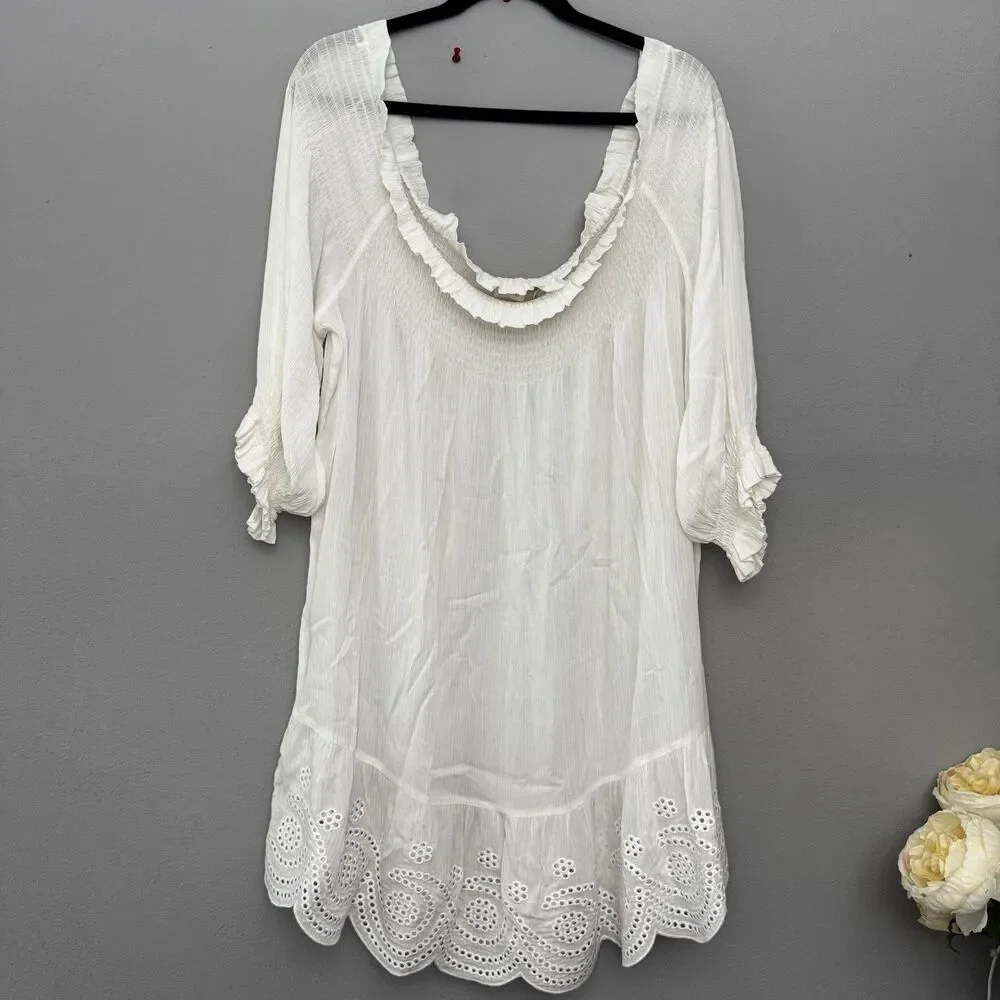 Tory Burch Embroidered Eyelet Scallop Hem Peasant Tunic/Cover Up Dress White M